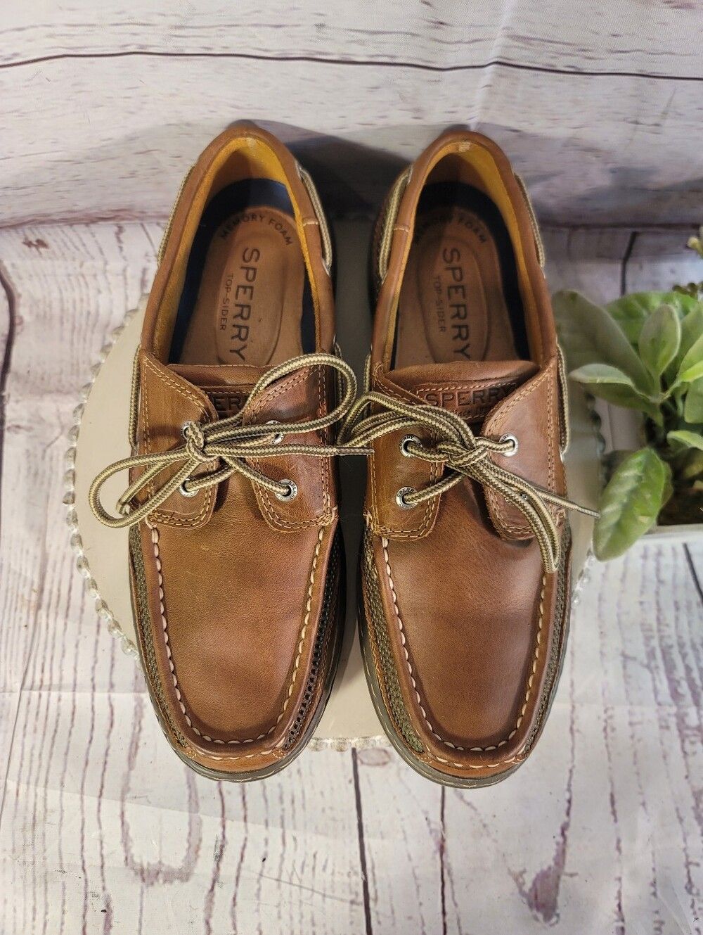 Sperry Top Sider Memory Foam Brown Leather Men’s Boat Shoes Size 10.5